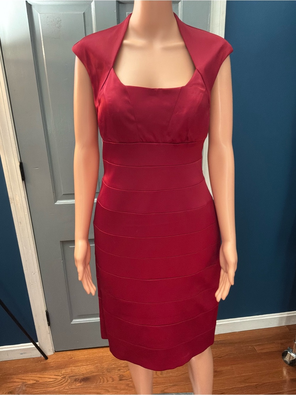 Cap-Sleeve Wine Red Midi Sheath Dress